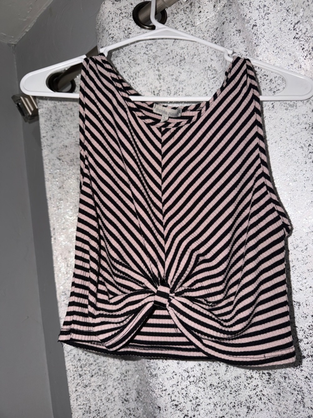 Charlotte Russe Pink and Black Striped Twist-Front Crop Tank